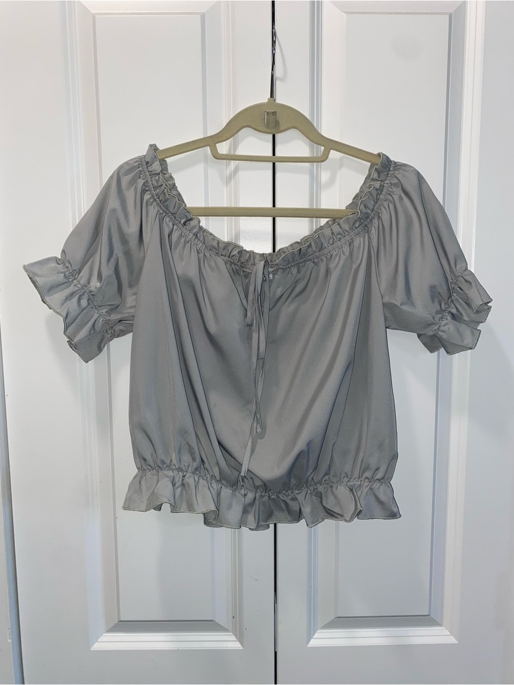 Women's Off-Shoulder Ruffle Hem Top - Light Gray